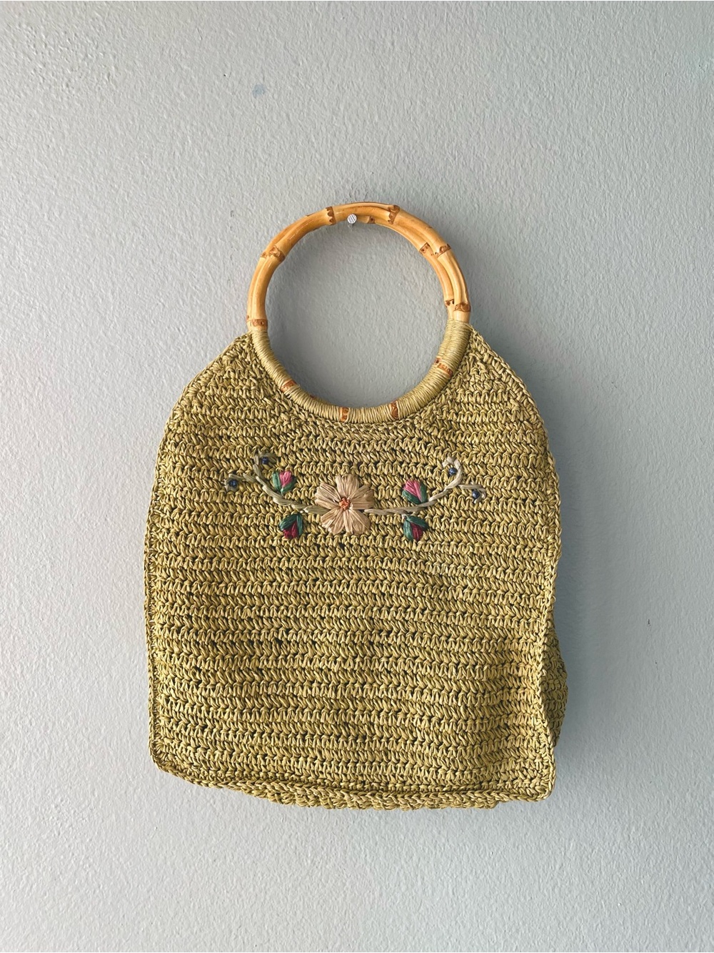 Scala Gal | Y2k Green Woven Twine Flowers Bamboo Handles Handbag Purse